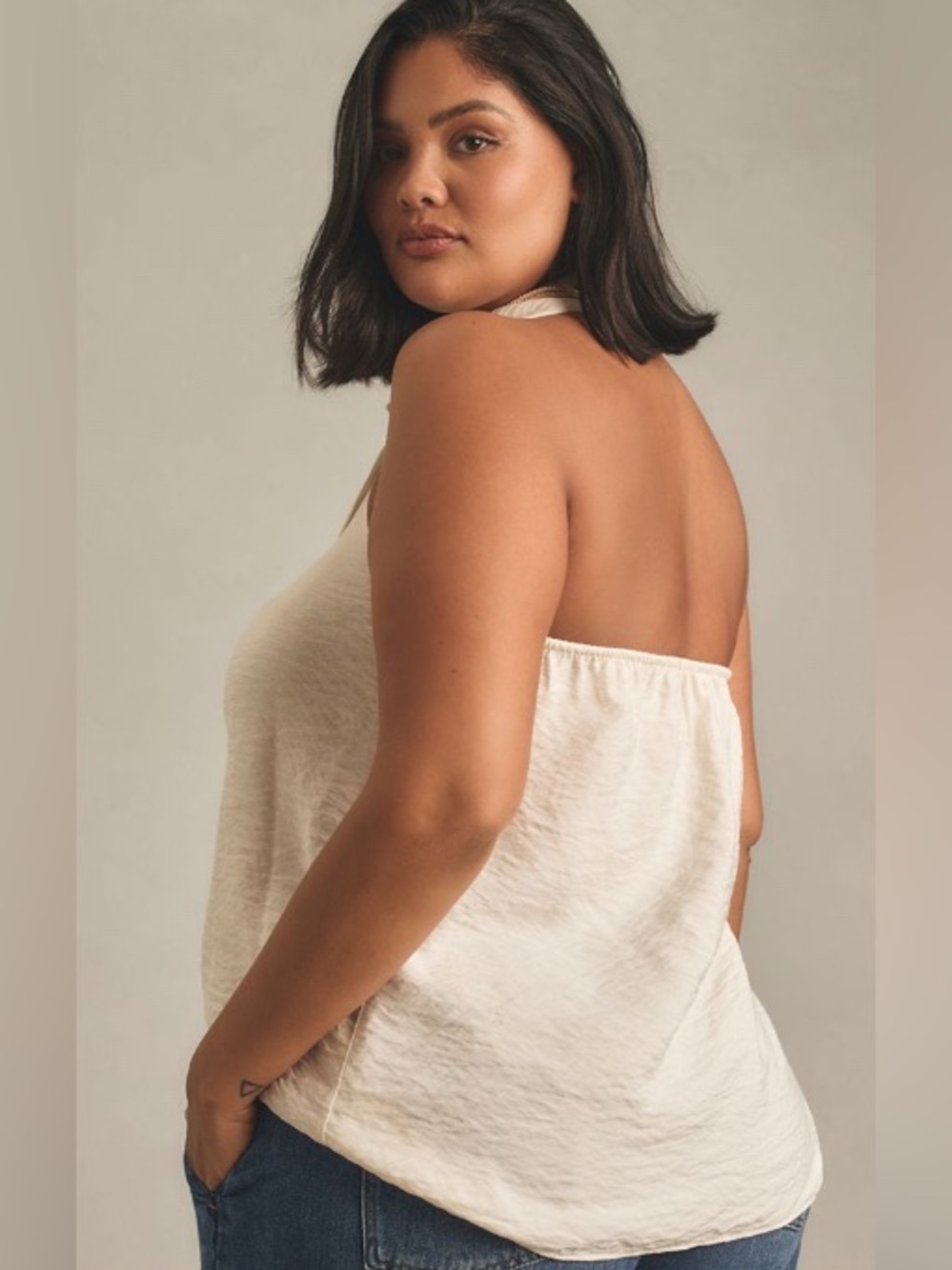 Anthropologie Ivory Oversized Deep V Halter, Bubble Hem, High/Low Top: M - Picture 5 of 10